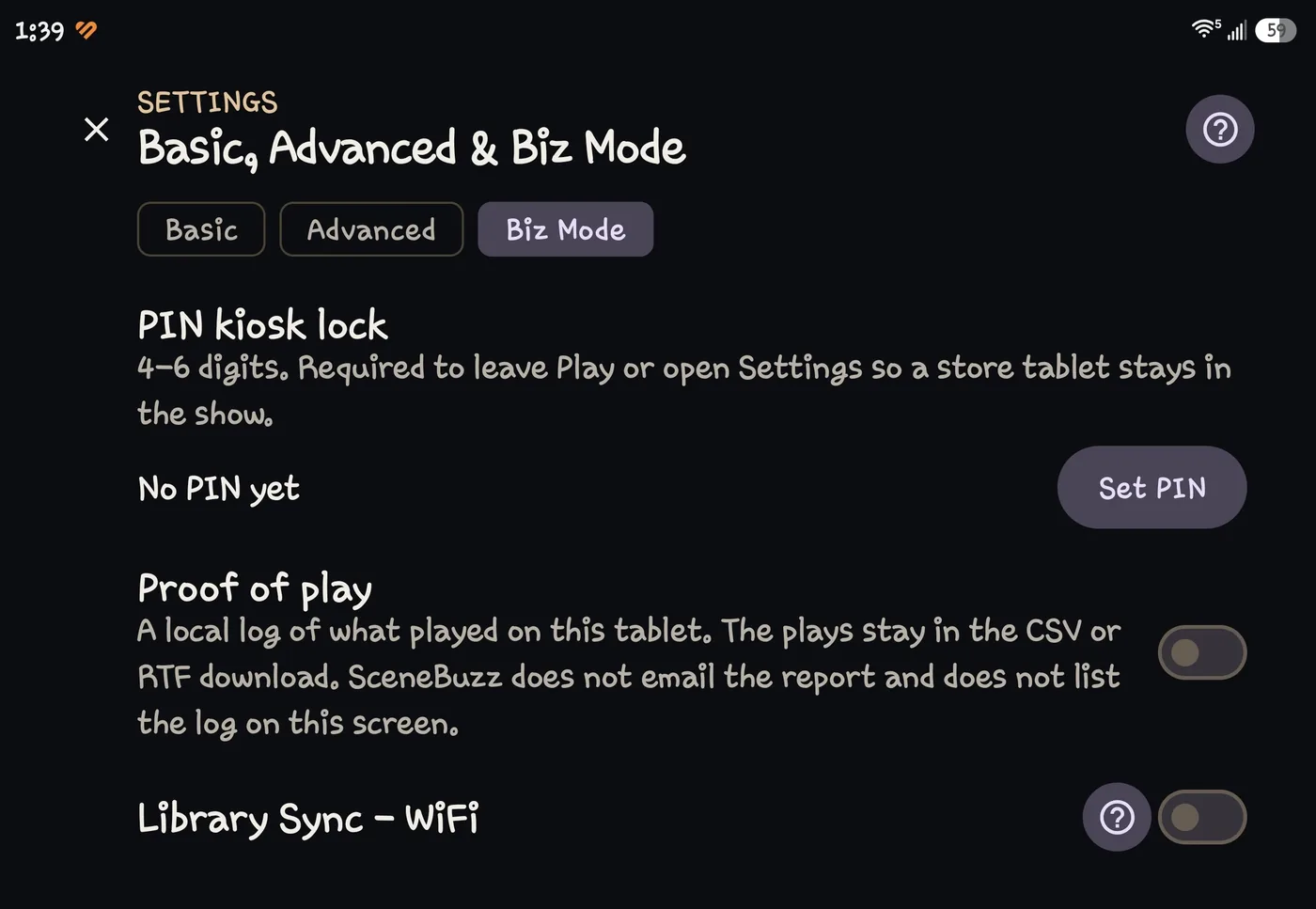Biz Mode settings with PIN kiosk lock, proof of play, and Library Sync