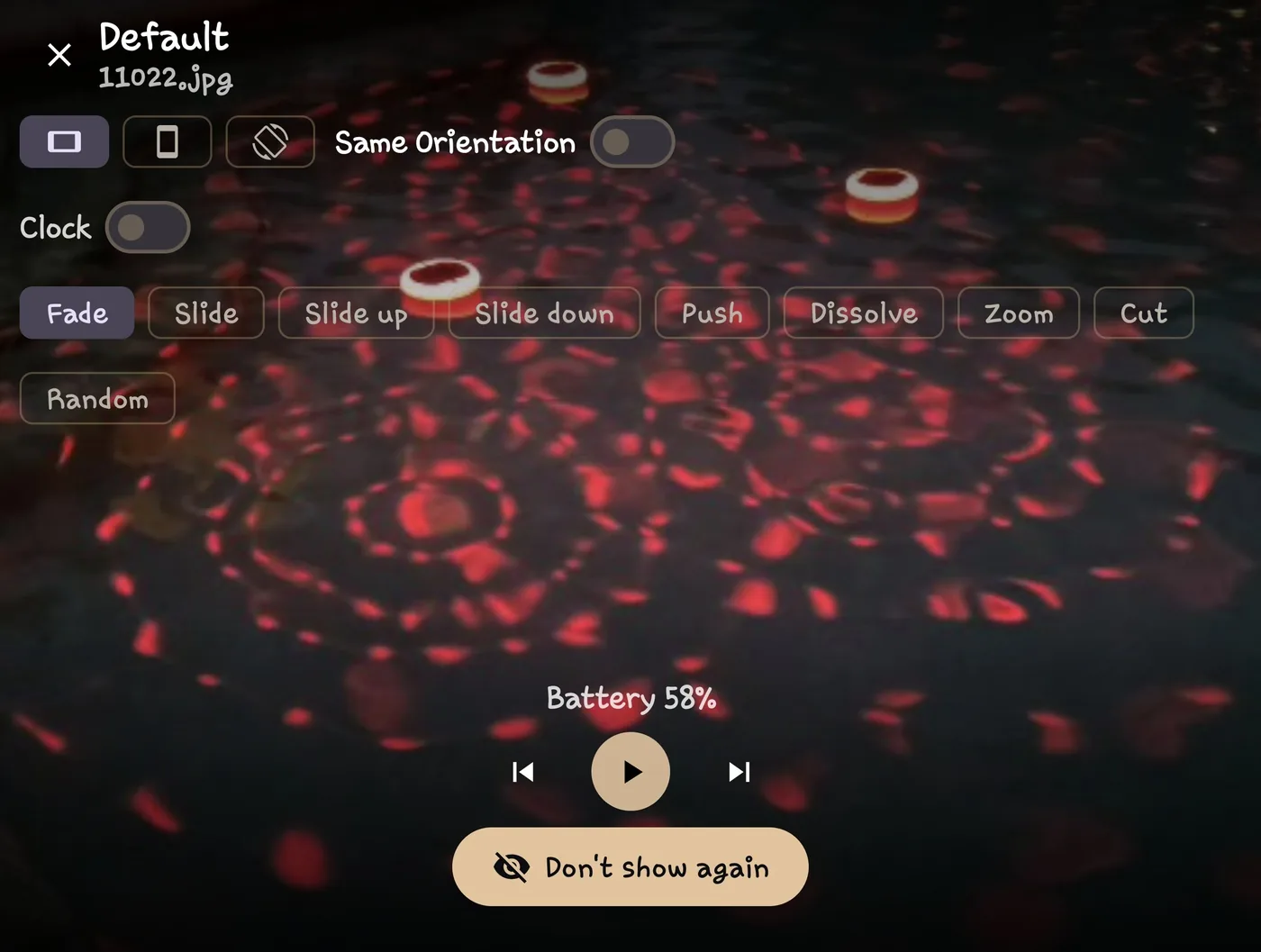 SceneBuzz slideshow with the transition picker open