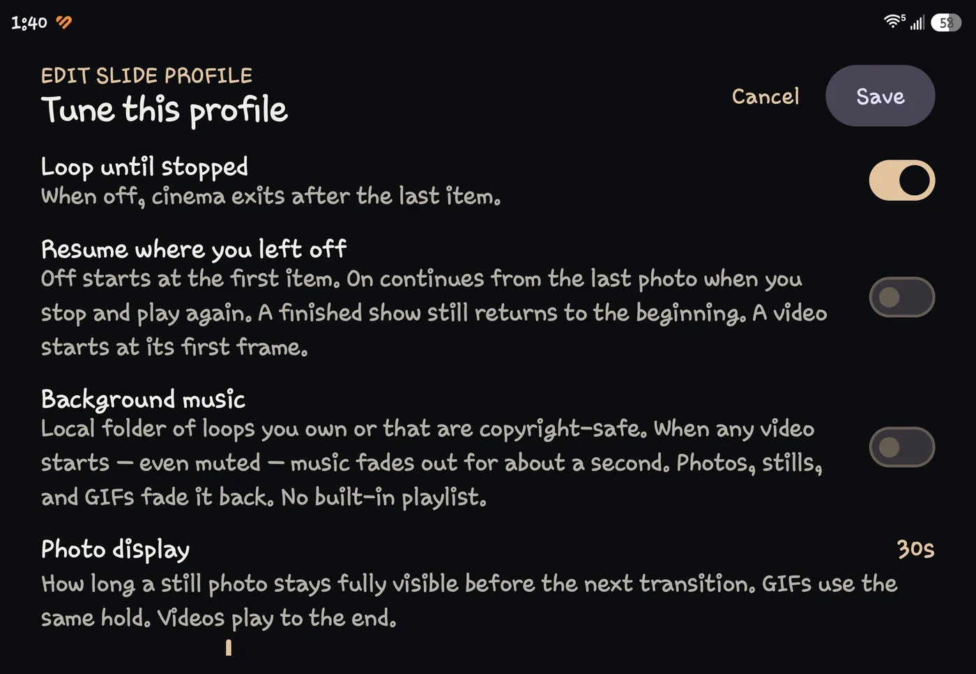 Tune this profile: loop, resume, background music, and photo display